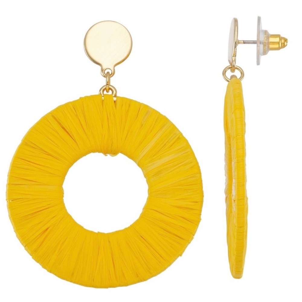 Sonoma Yellow Raffia Hoop Drop Earrings Gold Tone 55mm NWT